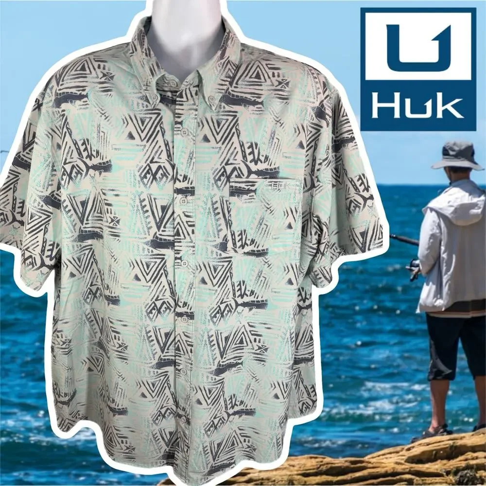Huk White Blue Swordfish Stretch Button Up Shirt 2XL